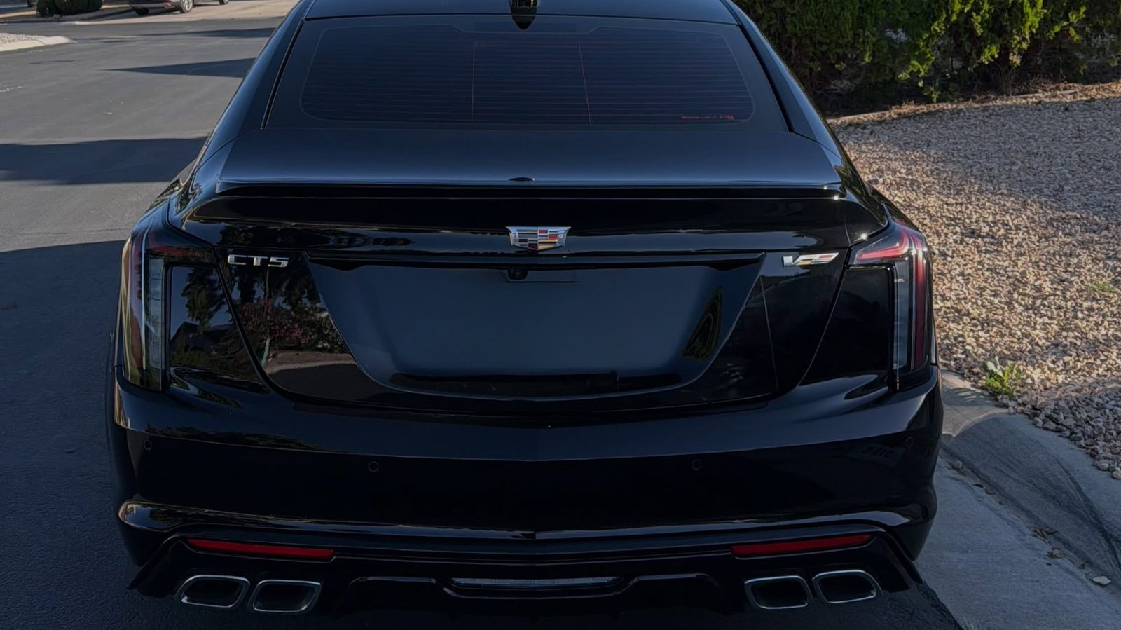 Black Cadillac CT5-V Blackwing, straight rear view after a detail