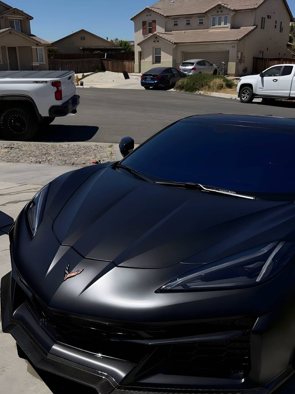 Matte black Chevrolet Corvette Z06, front on