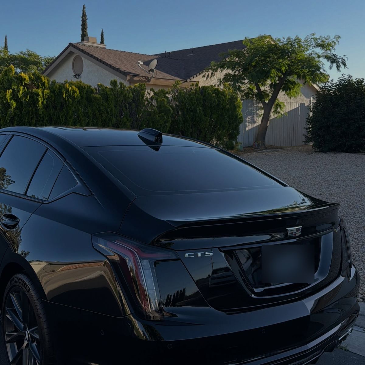 The rear quarter of a black Cadillac CT5-V holding a deep gloss